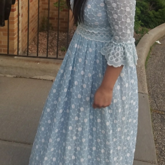 Vintage late 60s, Early 70s Baby Blue Embroidered Eyelet Circle Maxi Dress - Picture 2 of 16